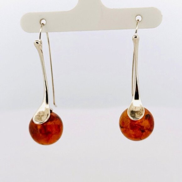 Estate Sterling Silver 925 Amber Ball Drop Dangle Earrings Modern Art Deco 6.5g - Picture 1 of 8